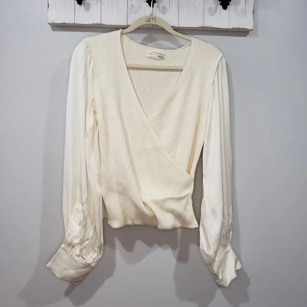 Anthropologie Ivory Ribbed Wrap Top Puff Sleeve Long Sleeve Women's L